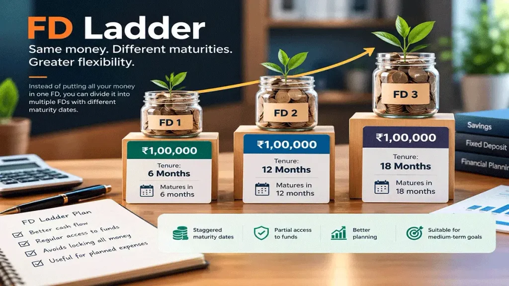 Example of an FD ladder dividing savings into fixed deposits with different maturity periods