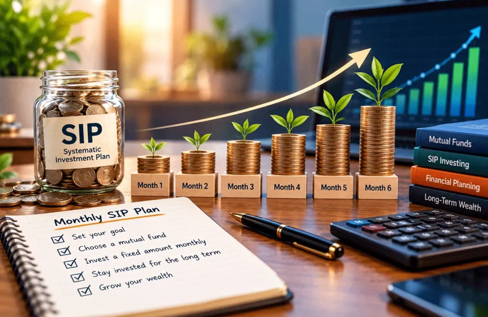 SIP investment concept showing regular monthly investing and long-term wealth growth in India
