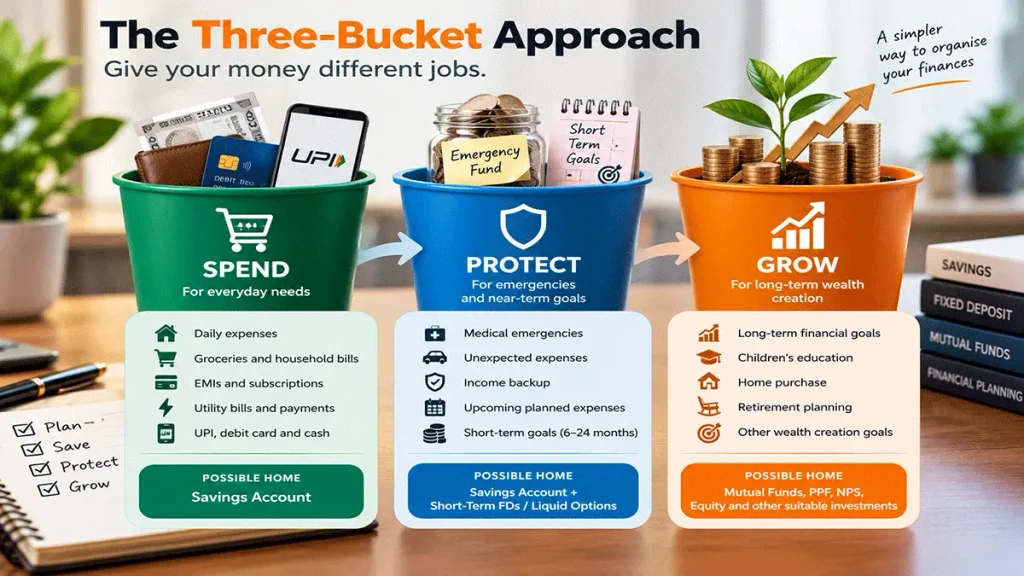 Spend protect and grow three-bucket approach for organising personal finances